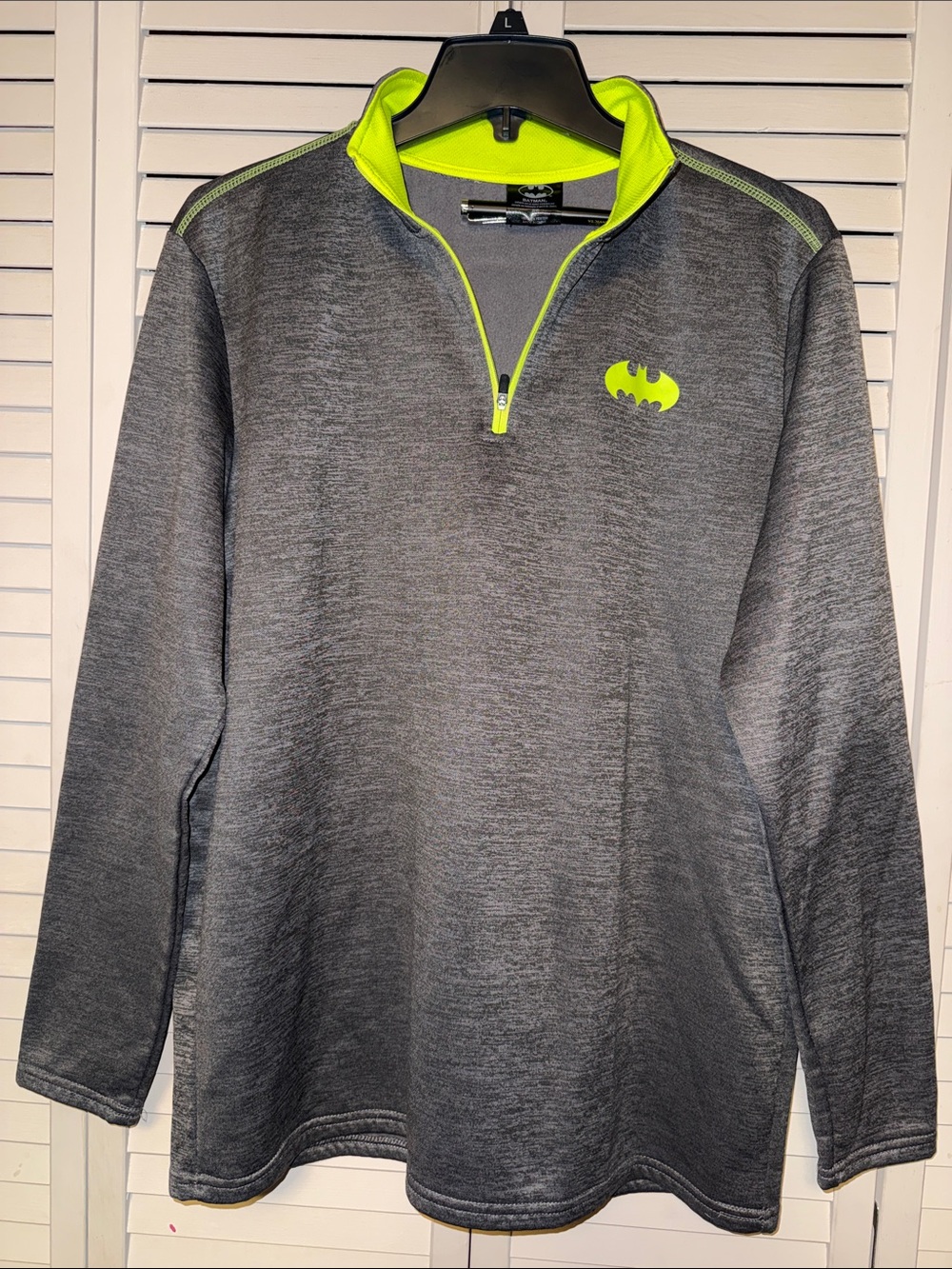 DC Comics Batman Men's Gray Quarter-Zip Pullover with Neon Yellow Accent